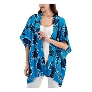 JM Collection Womens S Blue Seafrost Combo Floral Open Front Kimono NWT V32
